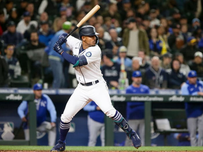 Apr 23, 2022; Seattle, Washington, USA; Seattle Mariners center fielder Julio Rodriguez (44) during the seventh inning against the Kansas City Royals at T-Mobile Park.
